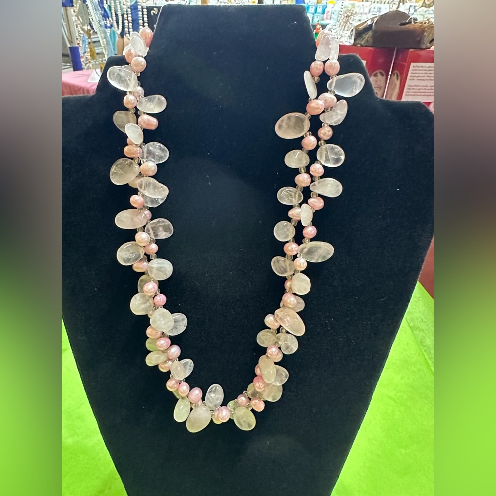 Elegant Pink Quartz real cut glass stone Necklace